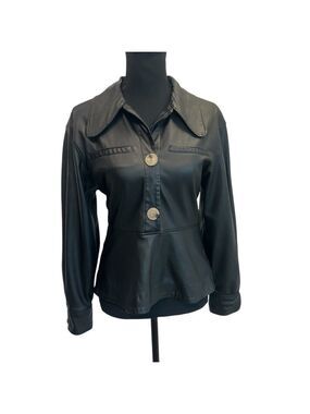 Zara black faux leather vegan pleather long sleeve peplum blouse Sz S